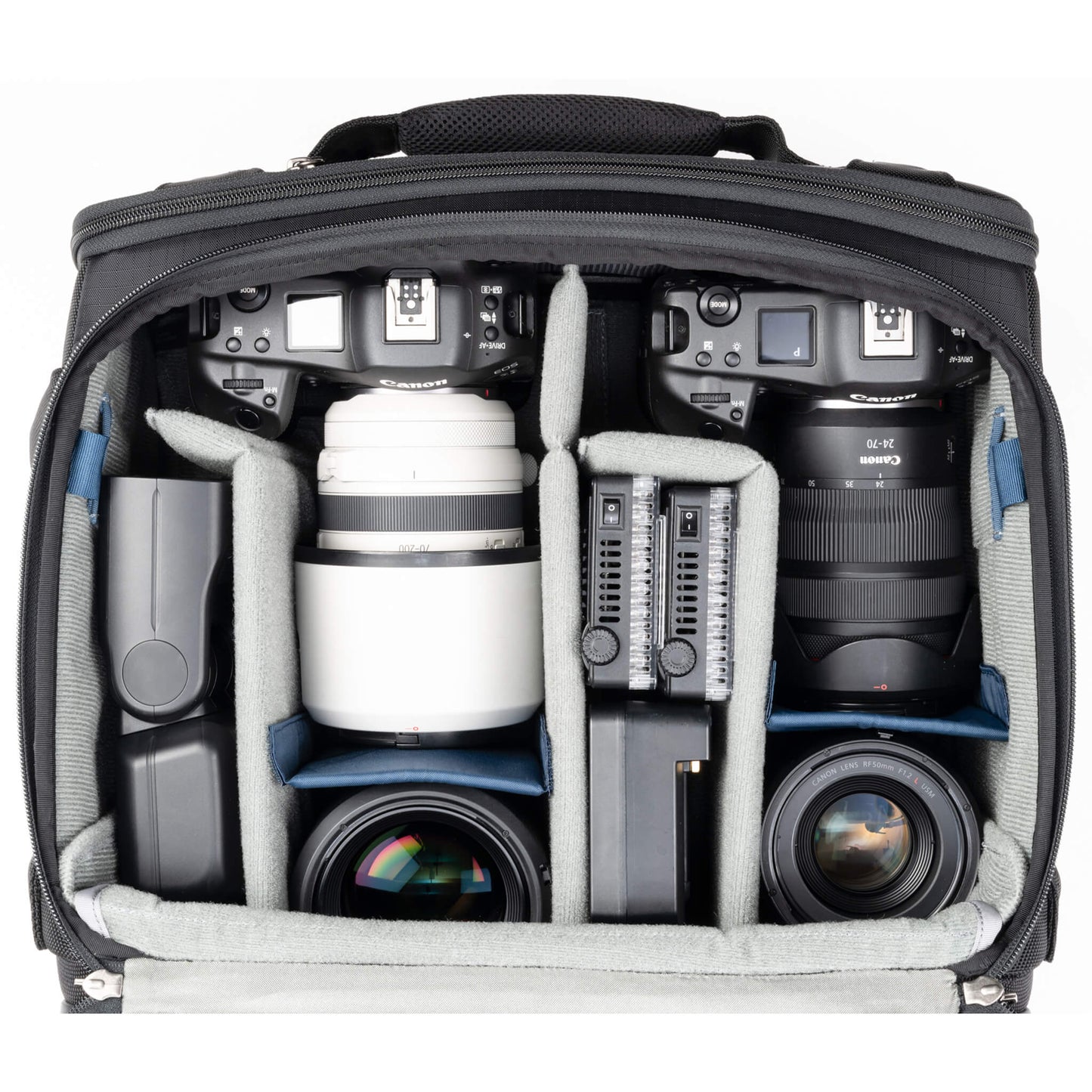 
                  
                    Canon R3 with 16-35mm f/2.8 mounted, R5 with 50mm f/1.2 mounted, 70-200mm f/2.8, 24-70mm f/2.8, 24mm f/1.4, and two flashes
                  
                