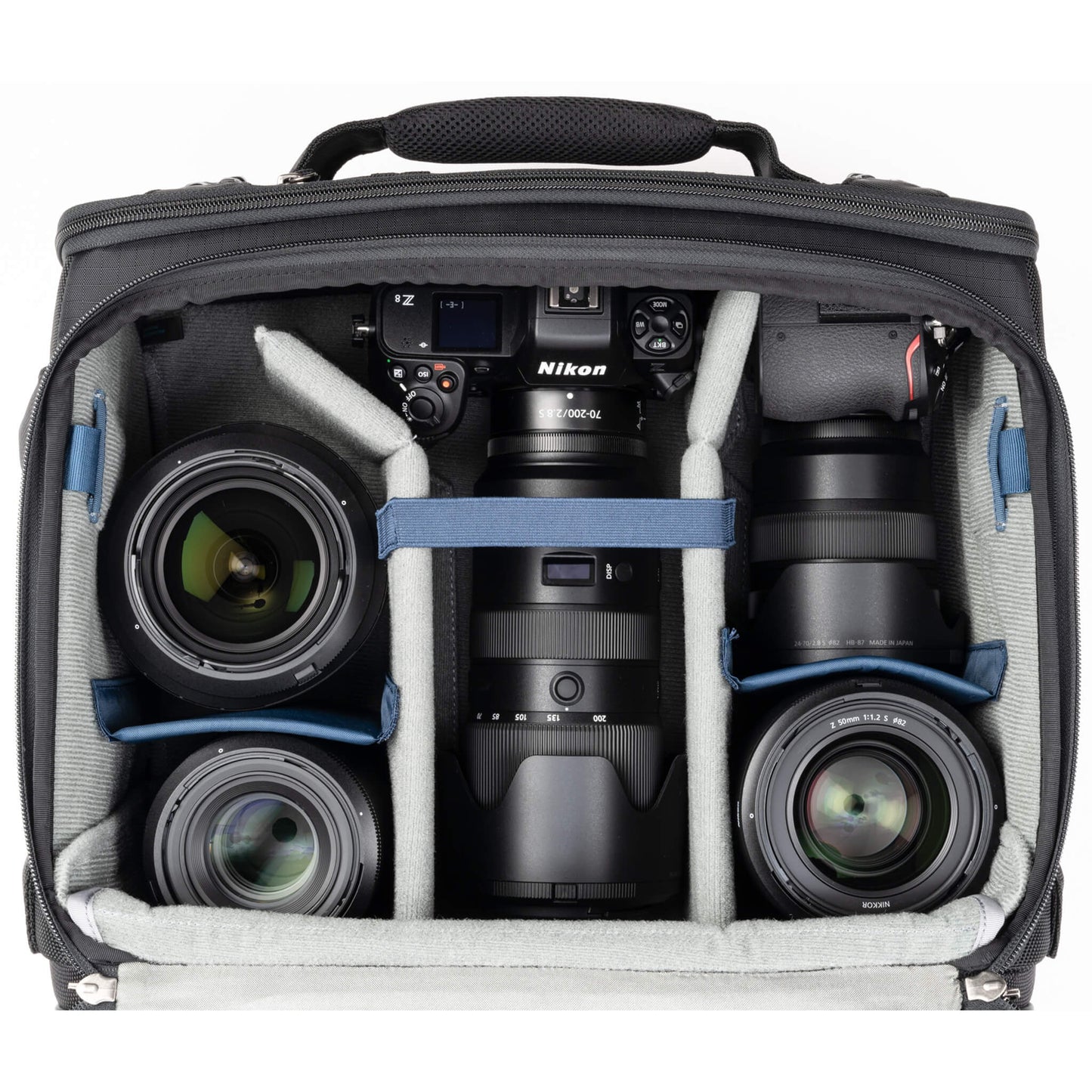 
                  
                    Nikon Z9 with 70-200mm f/2.8
mounted, Gripped Z7II with 24-70mm f/2.8 mounted, 50mm f/1.4, 105mm macro VR f/2.8, and a 14-24mm f/2.8
                  
                