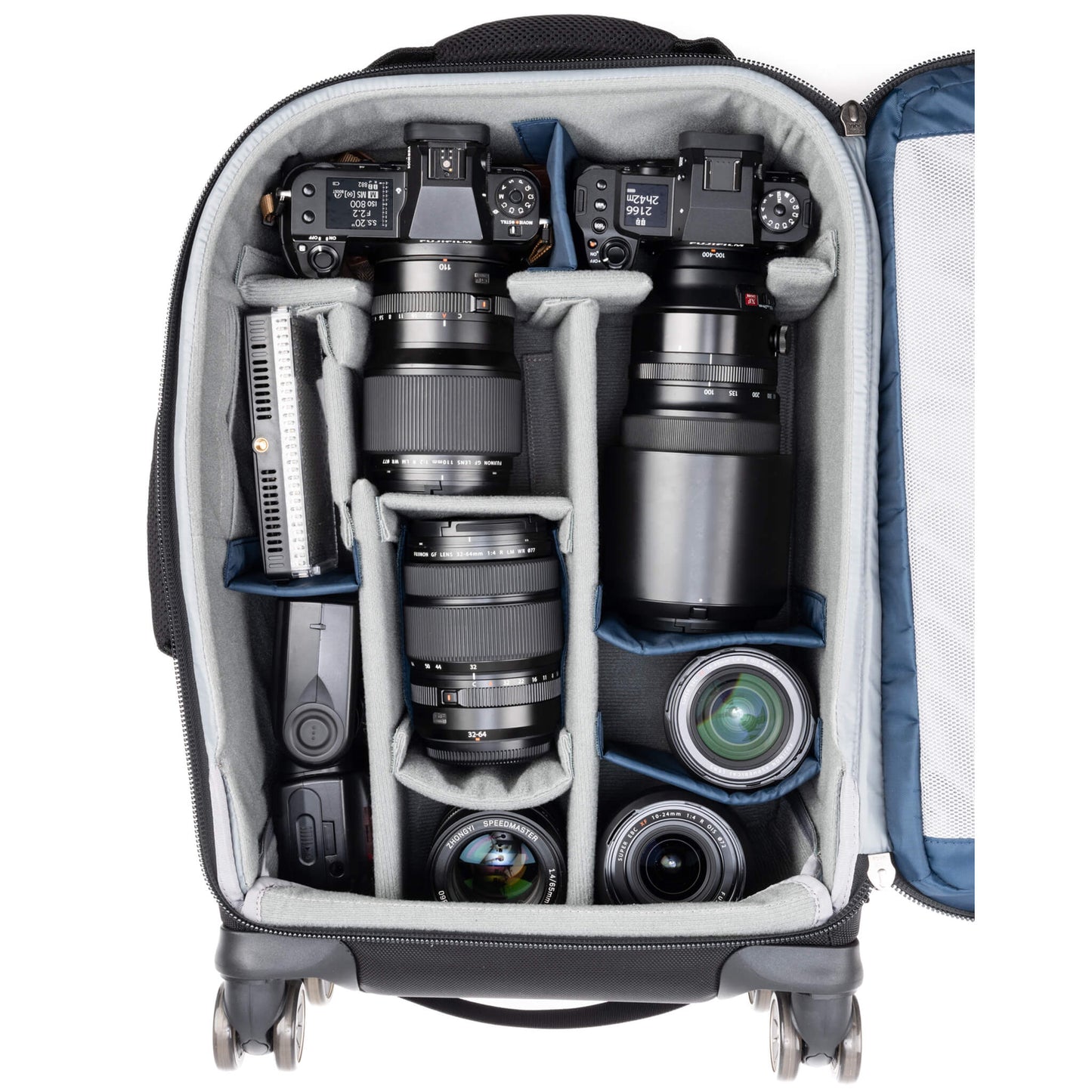 
                  
                    2 standard-size camera bodies with lenses attached
                  
                