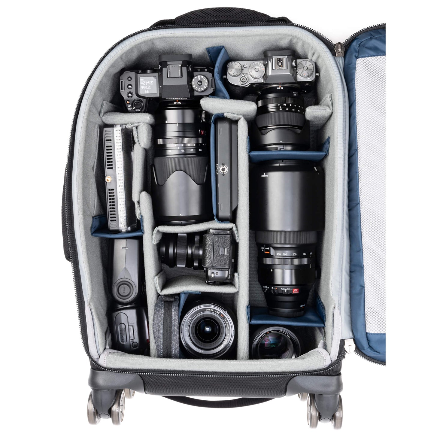 
                  
                    2 standard-size camera bodies with lenses attached
                  
                