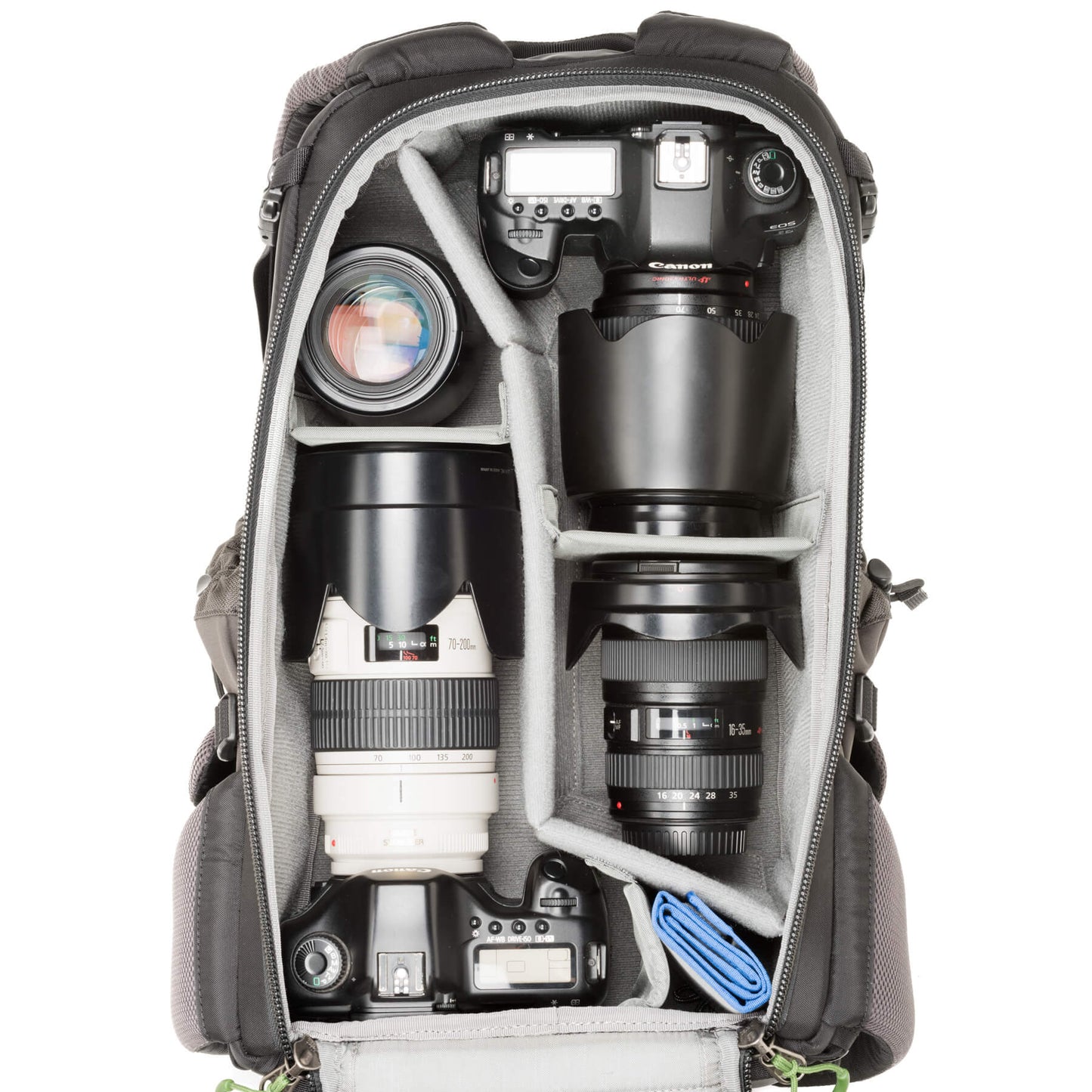 
                  
                    Canon 5D with 24–70mm f/2.8 attached, Canon 6D with 70-200mm f/2.8 attached, 16–35mm f/2.8, 100mm f/2.8
                  
                