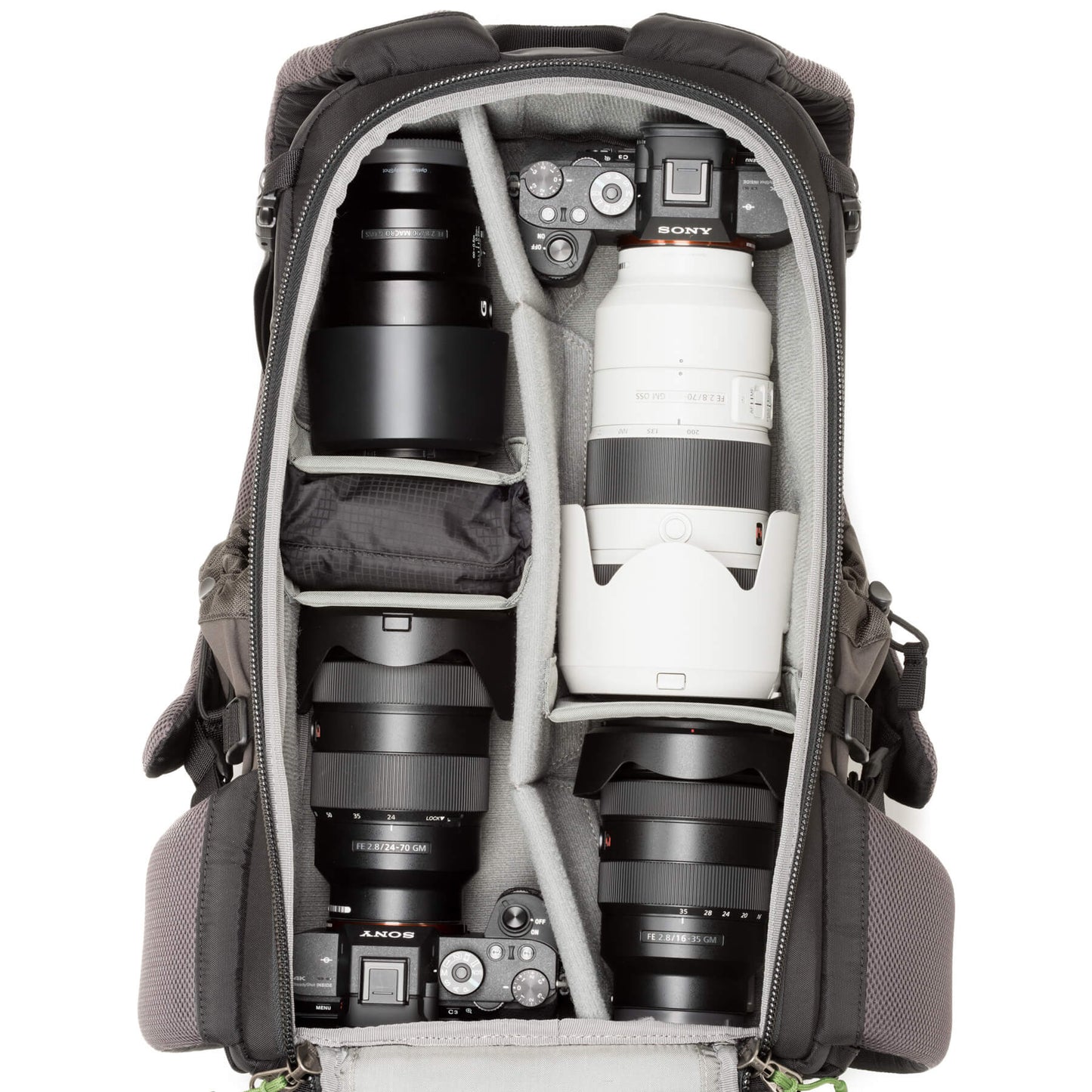 
                  
                    Two-body Sony full frame mirroless kit with 16-35mm f/2.8, 24-70mm f/2.8, 70-200mm f/2.8, 100mm f/2.8 macro, and two bodies
                  
                