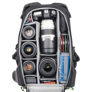 Canon DSLR gear layout. Holds 1 standard-size DSLR and 4-6 standard zoom lenses plus a flash OR holds 2 large mirrorless DSLRs and 5-7 lenses plus a flash